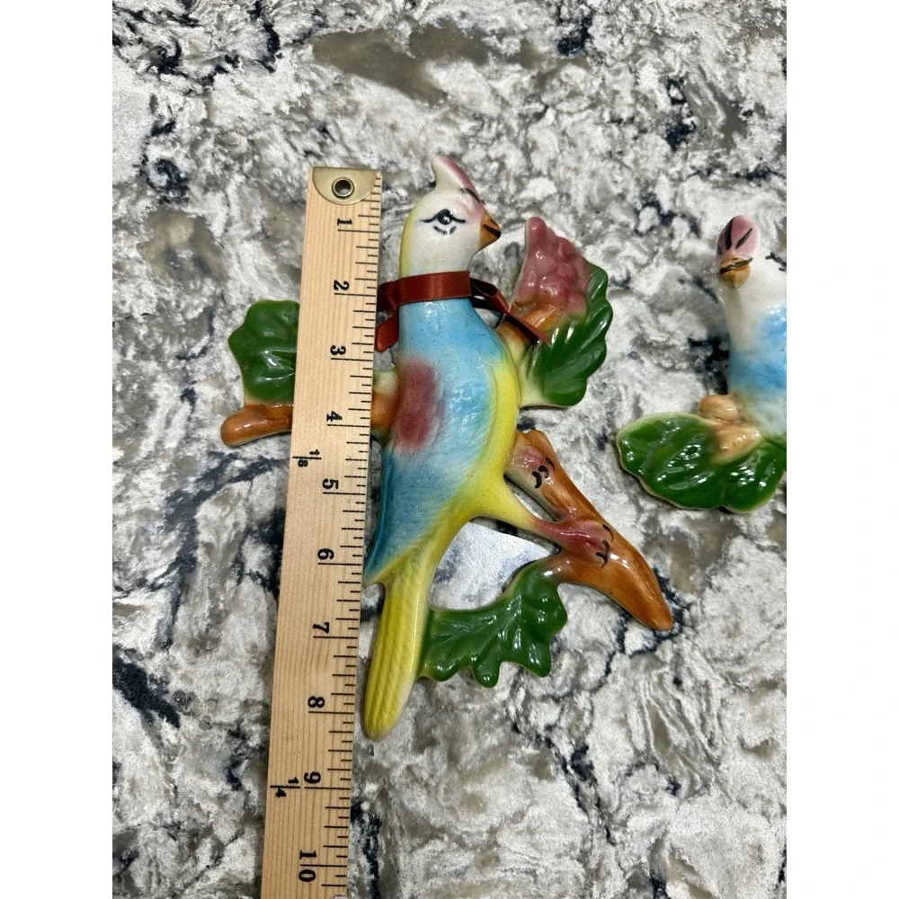 Pair of Mid-Century Chalkware Parrot Cockatiels Bird Wall Hanging Sculptures MCM